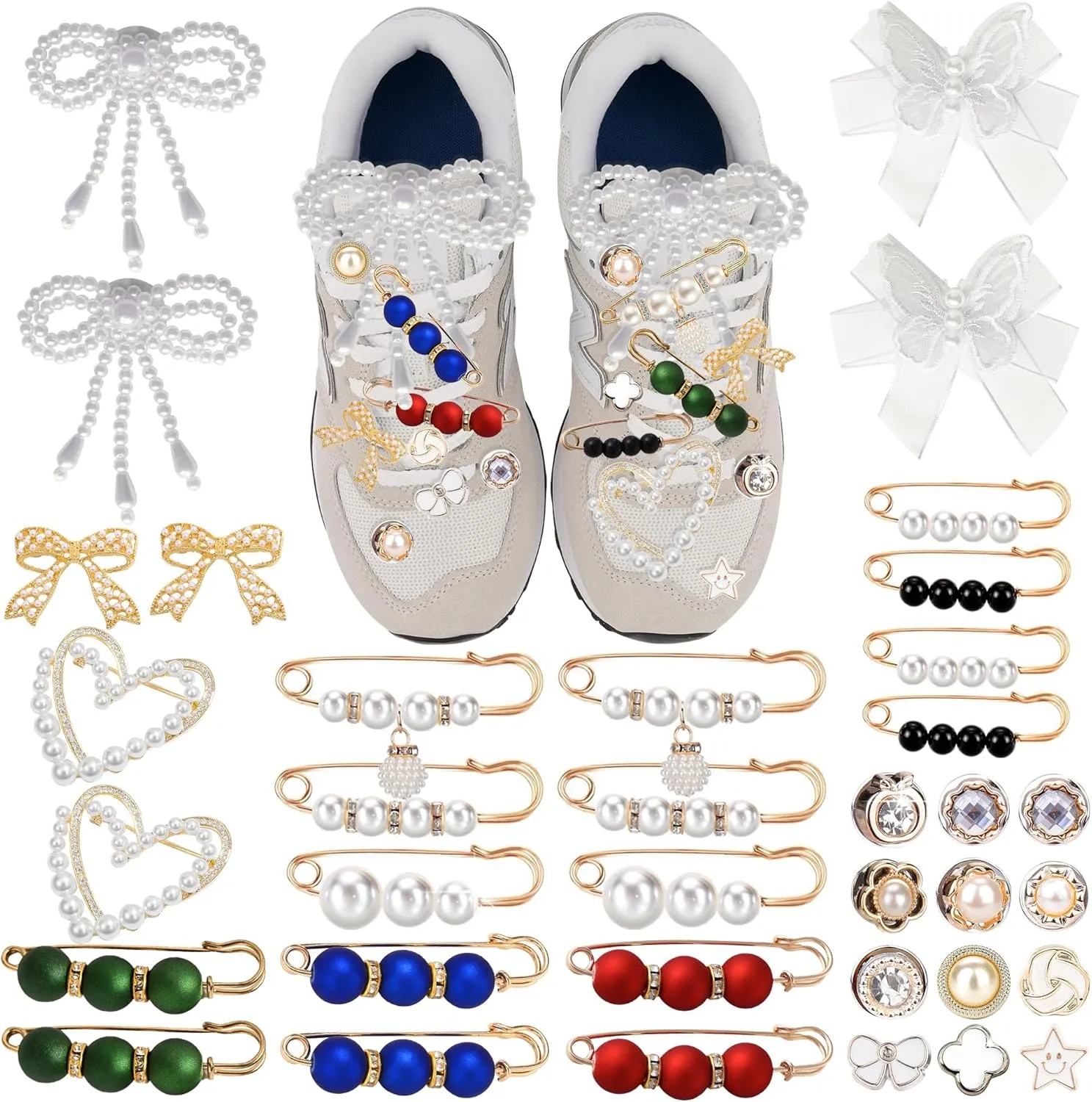 36PCS Shoe Charms for Sneakers,Jewelry Bows Charm Decorations for Shoelace,Safety Pin Brooch Pearl Clips for Women,Sneaker Charms DIY for Girly Junk Sock Clothes Sweater Hat Pant