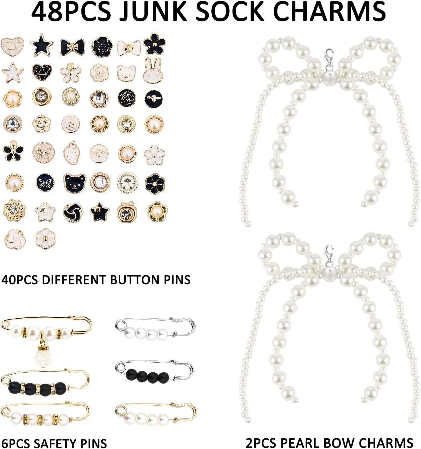 48Pcs Shoe Charms for Sneakers Bow Shoe Lace Charms Junk Sock Jewelry Kit for Women DIY Accessories Rhinestone Brooch Buttons Pearl Flower Clips Safety Pin Gold for Sneaker Hat Clothes Decoration