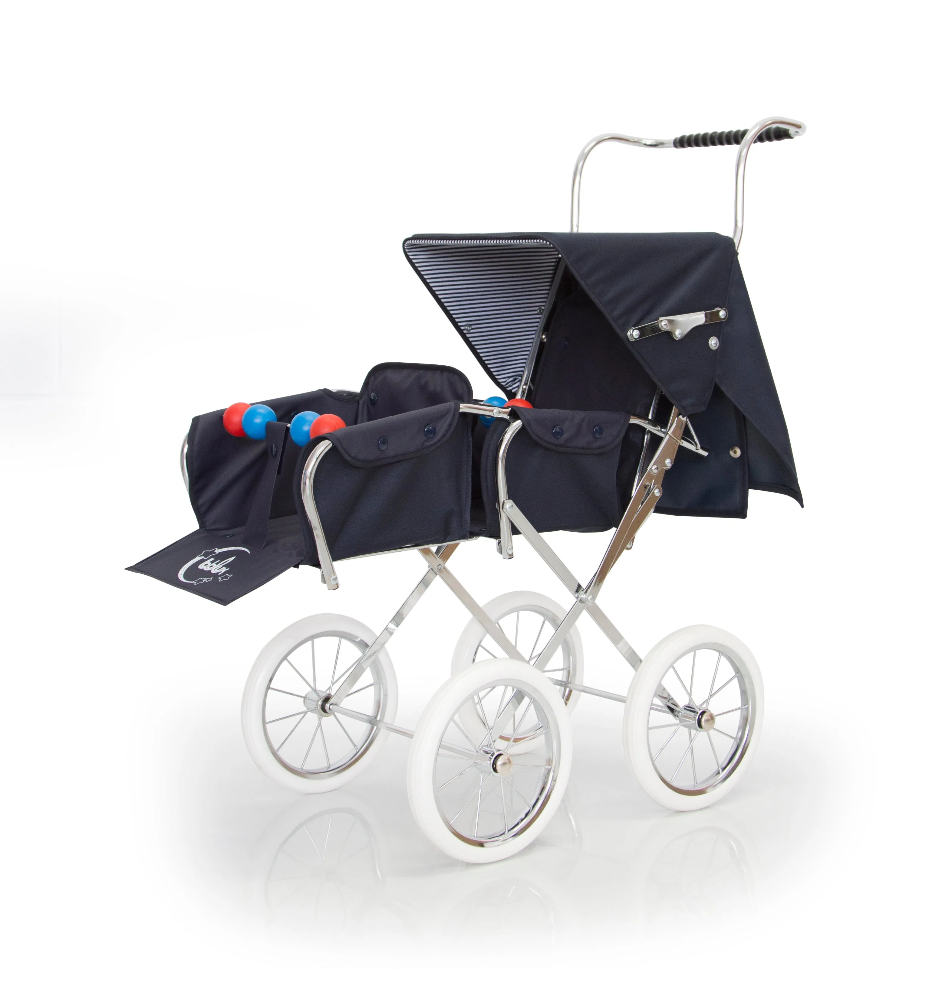 BebeLux Classic 'Navy Big' Spanish Doll's Twin Pushchair & Bag 2312-M