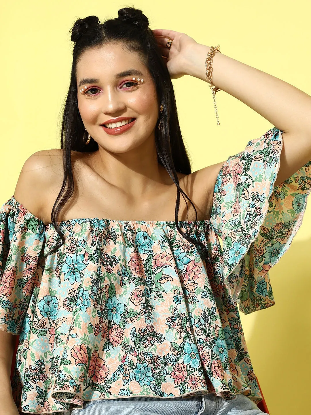 Berrylush Women Off-White & Multicolour Floral Printed Off-Shoulder Neck Crepe Ruffled Crop Bardot Top