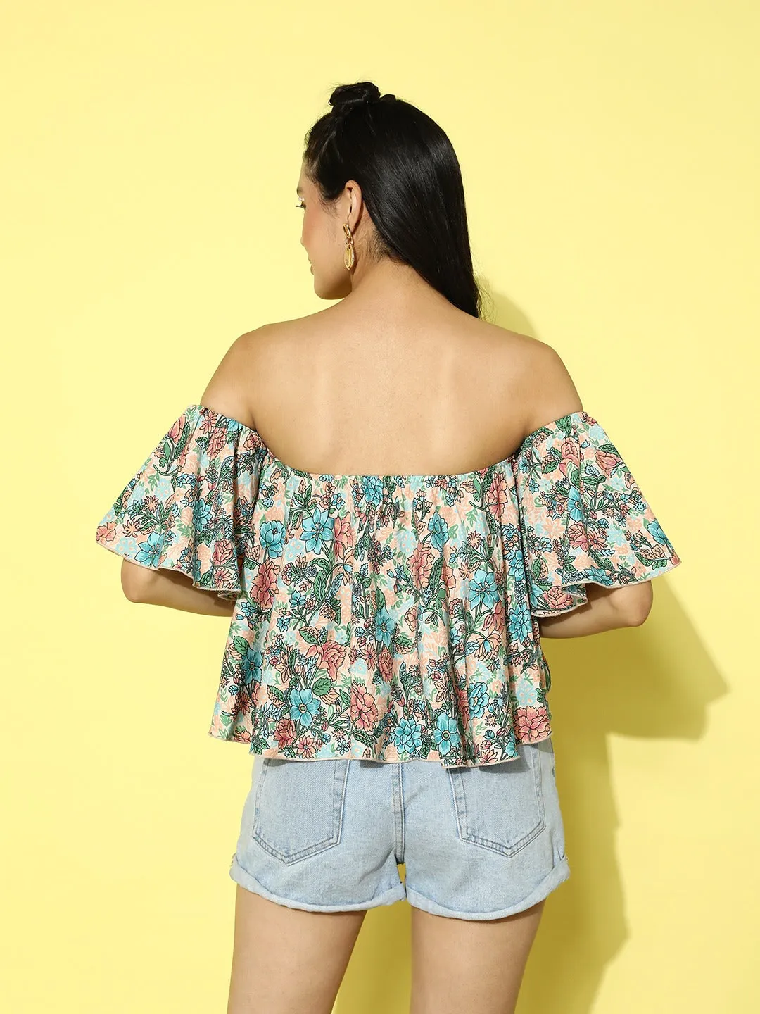 Berrylush Women Off-White & Multicolour Floral Printed Off-Shoulder Neck Crepe Ruffled Crop Bardot Top