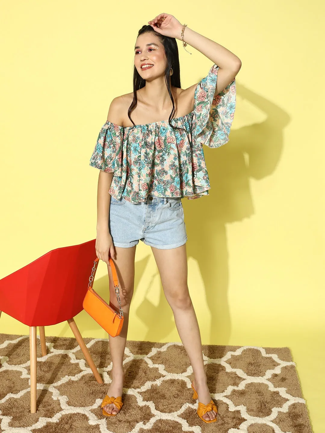 Berrylush Women Off-White & Multicolour Floral Printed Off-Shoulder Neck Crepe Ruffled Crop Bardot Top
