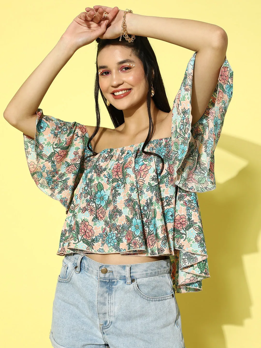 Berrylush Women Off-White & Multicolour Floral Printed Off-Shoulder Neck Crepe Ruffled Crop Bardot Top