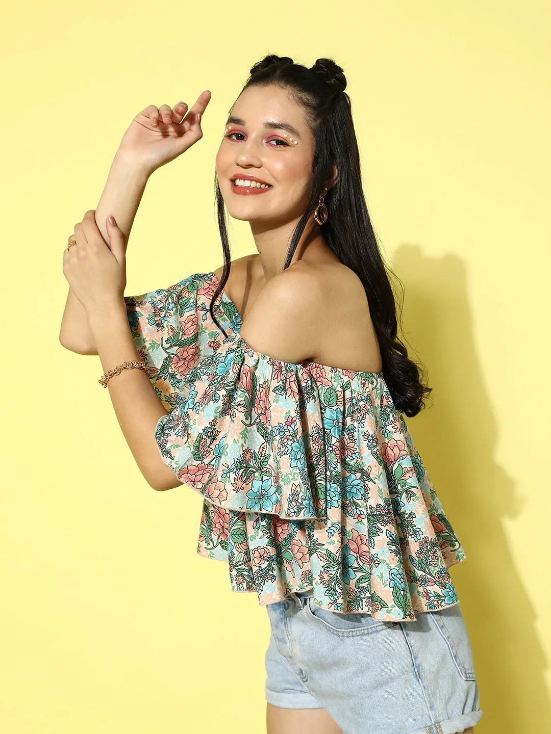 Berrylush Women Off-White & Multicolour Floral Printed Off-Shoulder Neck Crepe Ruffled Crop Bardot Top