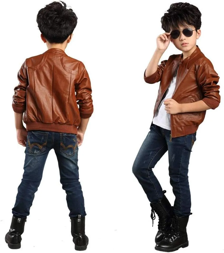 Boys Trendy Stand Collar PU Leather Moto Jacket Leather Coat (3-12) T