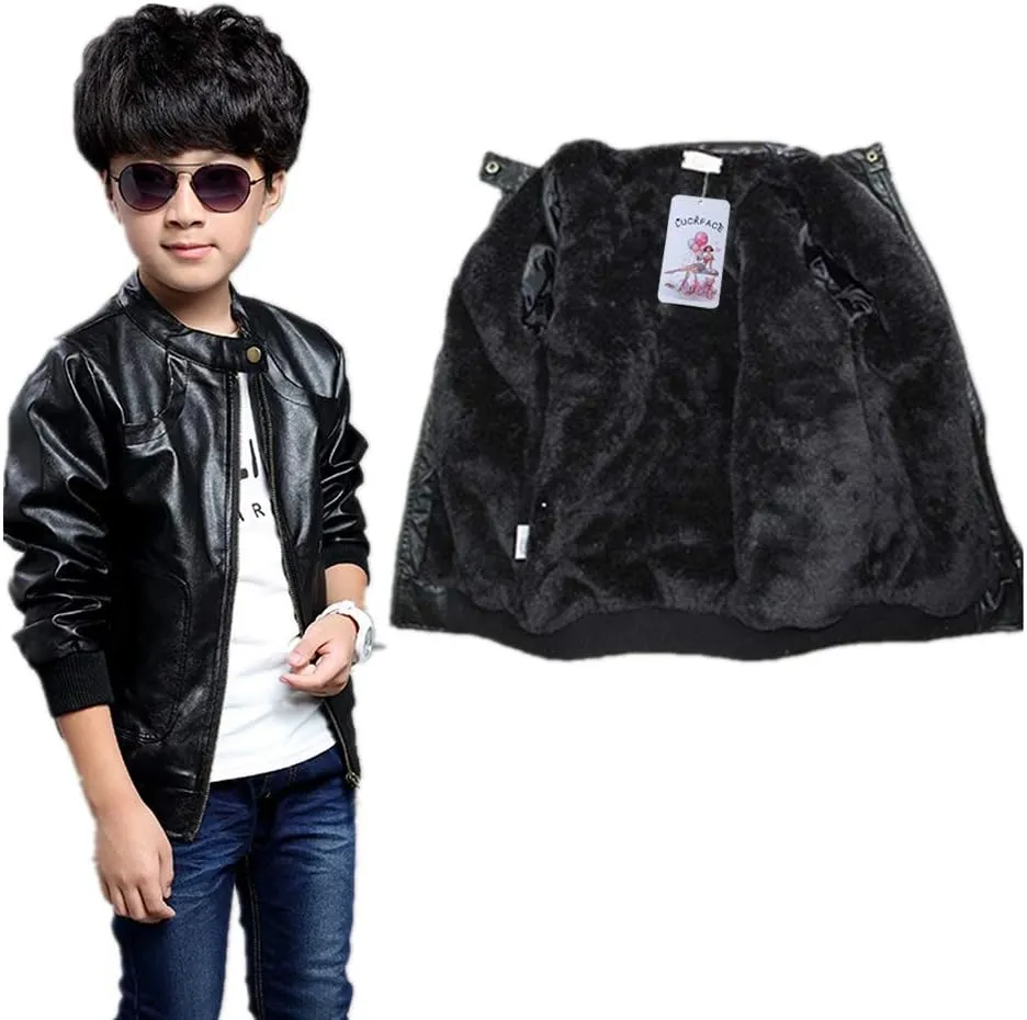 Boys Trendy Stand Collar PU Leather Moto Jacket Leather Coat (3-12) T
