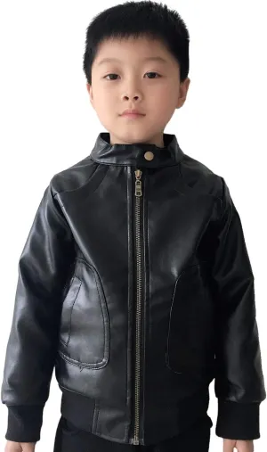 Boys Trendy Stand Collar PU Leather Moto Jacket Leather Coat (3-12) T