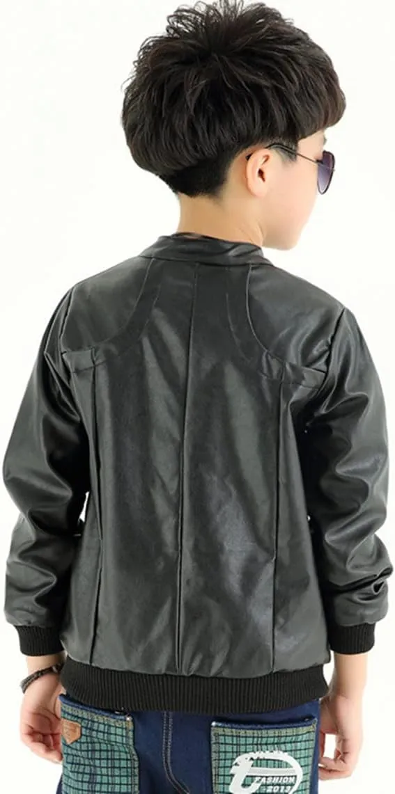 Boys Trendy Stand Collar PU Leather Moto Jacket Leather Coat (3-12) T