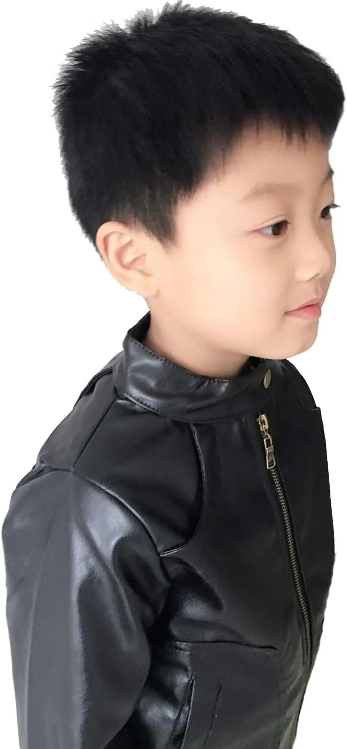 Boys Trendy Stand Collar PU Leather Moto Jacket Leather Coat (3-12) T