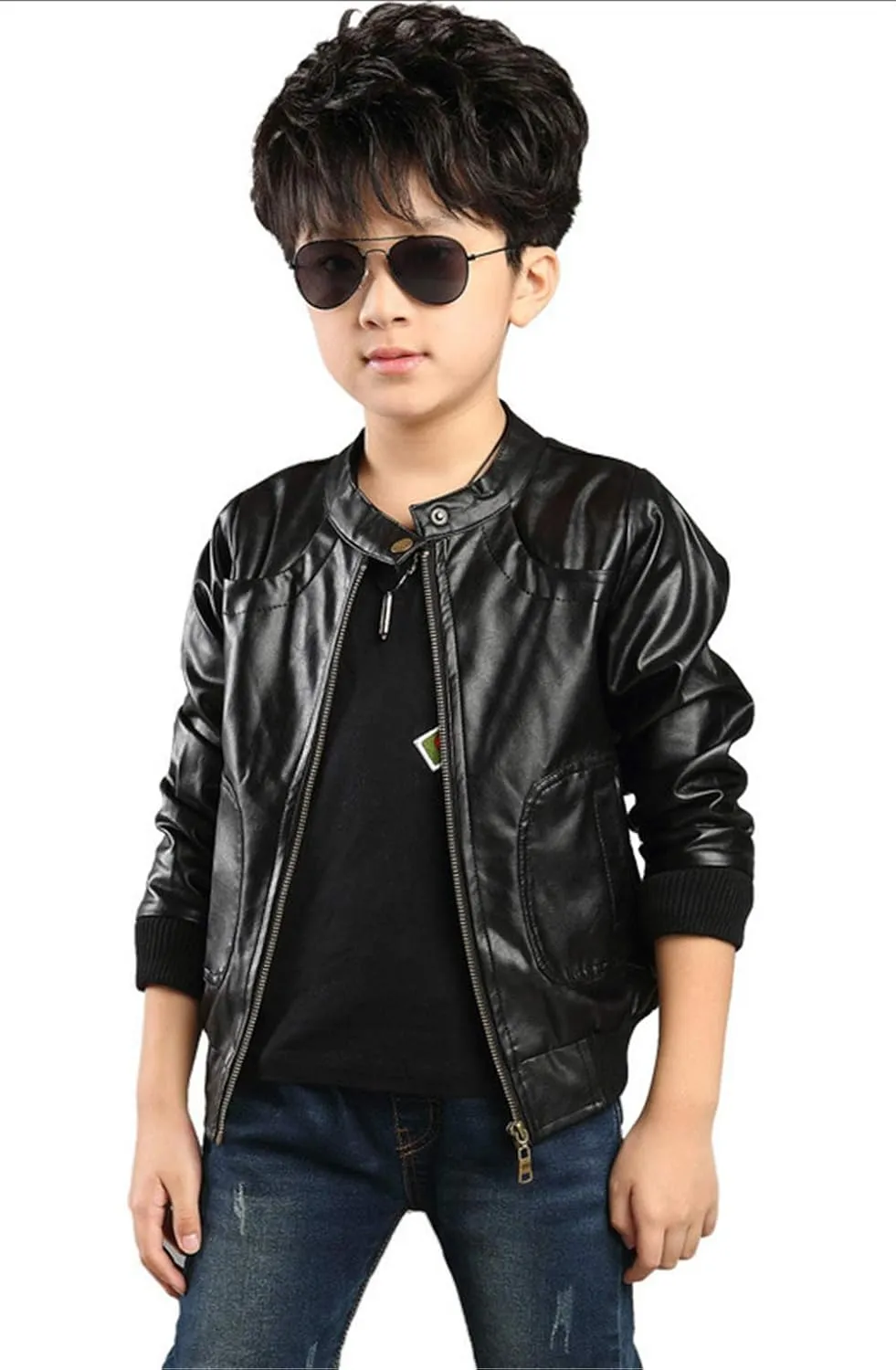 Boys Trendy Stand Collar PU Leather Moto Jacket Leather Coat (3-12) T