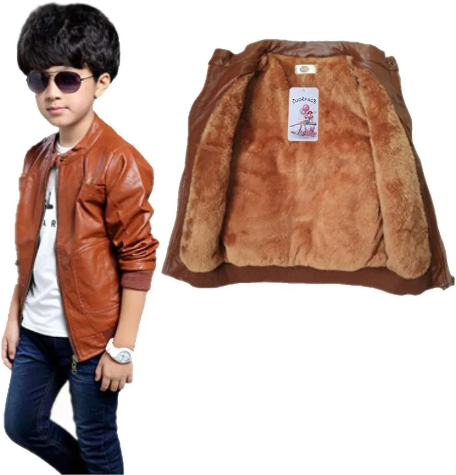 Boys Trendy Stand Collar PU Leather Moto Jacket Leather Coat (3-12) T