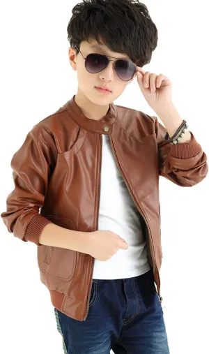 Boys Trendy Stand Collar PU Leather Moto Jacket Leather Coat (3-12) T
