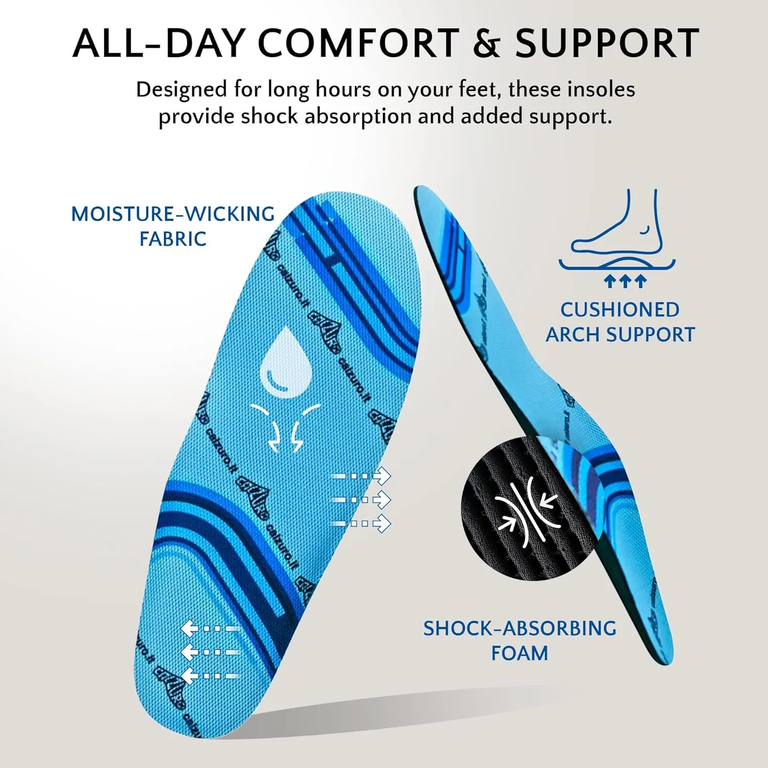 Calzuro Comfort Insole - Molded Foam Shoe Inserts for Women and Men, Cushioned & Supportive, Moisture-Wicking, Machine Washable, Pair - 39/40 US Women's 9.5-10.0 / US Men's 7.5-8.0