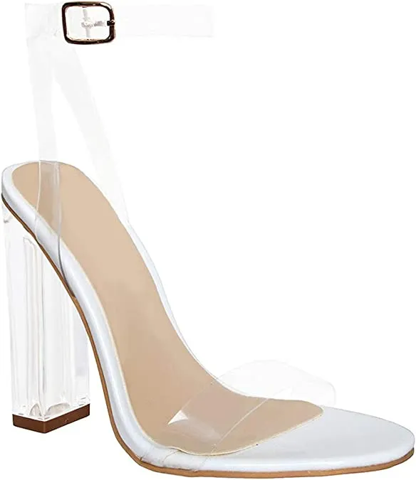 Cape Robbin Maria-2 White Clear Block High Heel Transparent Open Toe Pumps