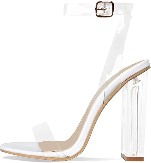 Cape Robbin Maria-2 White Clear Block High Heel Transparent Open Toe Pumps