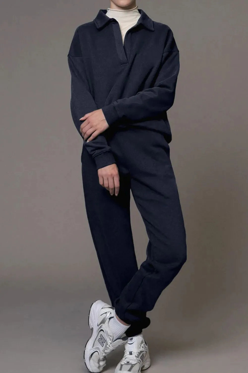 Collar Long Sleeve Top and Joggers Active Set