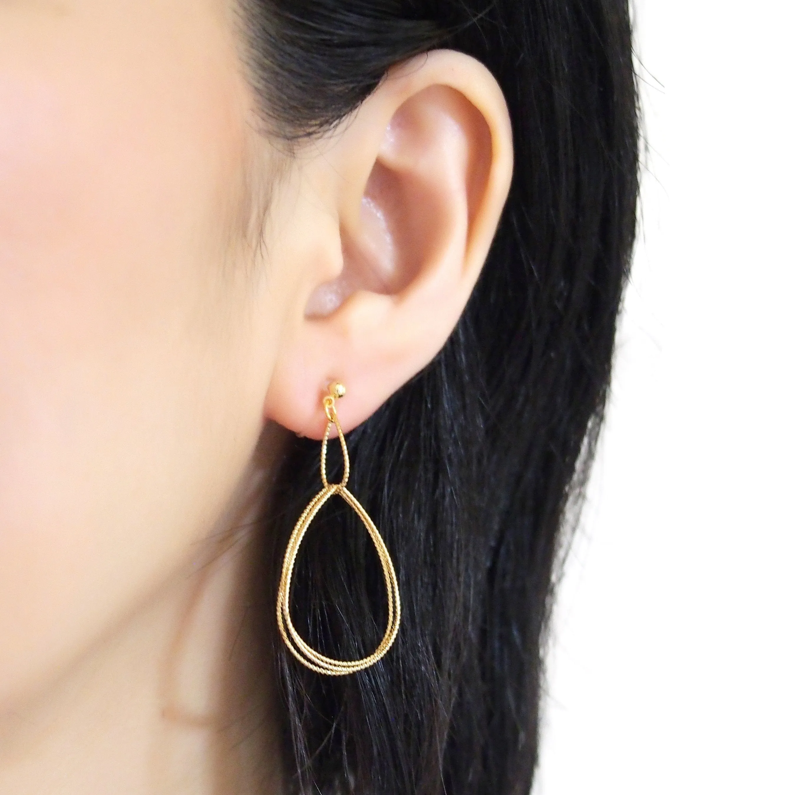 Dangle Gold Textured Pear Hoop Invisible Clip on Earrings
