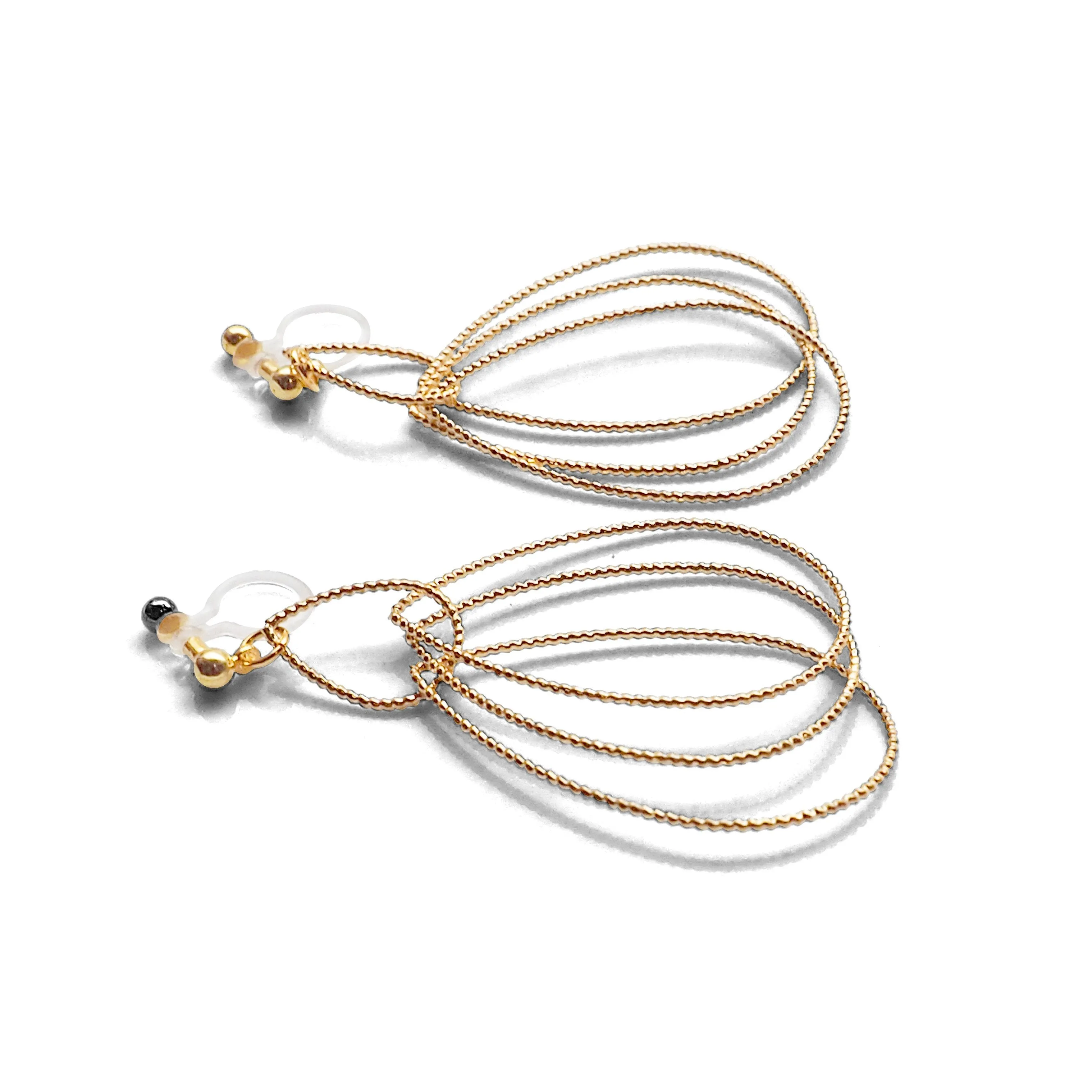 Dangle Gold Textured Pear Hoop Invisible Clip on Earrings