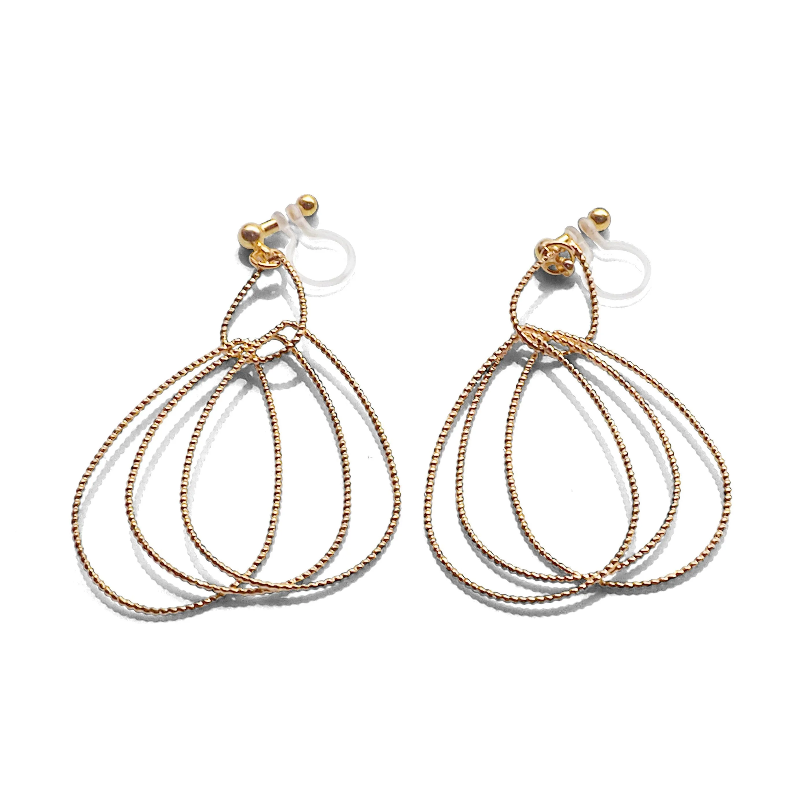 Dangle Gold Textured Pear Hoop Invisible Clip on Earrings