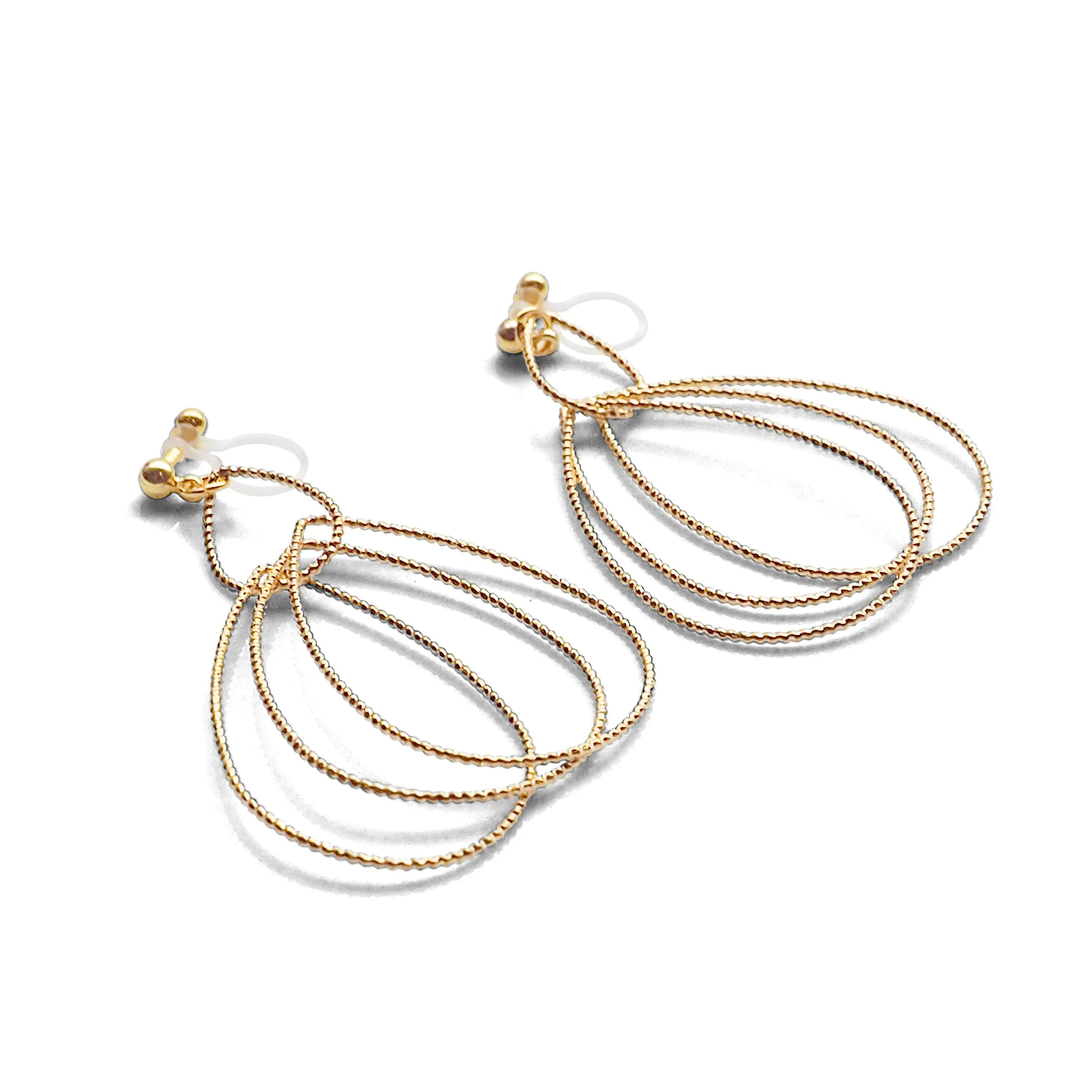 Dangle Gold Textured Pear Hoop Invisible Clip on Earrings