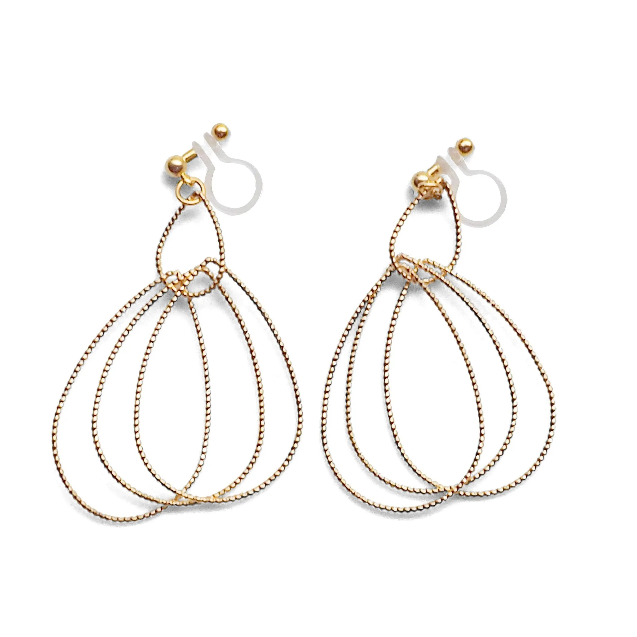 Dangle Gold Textured Pear Hoop Invisible Clip on Earrings