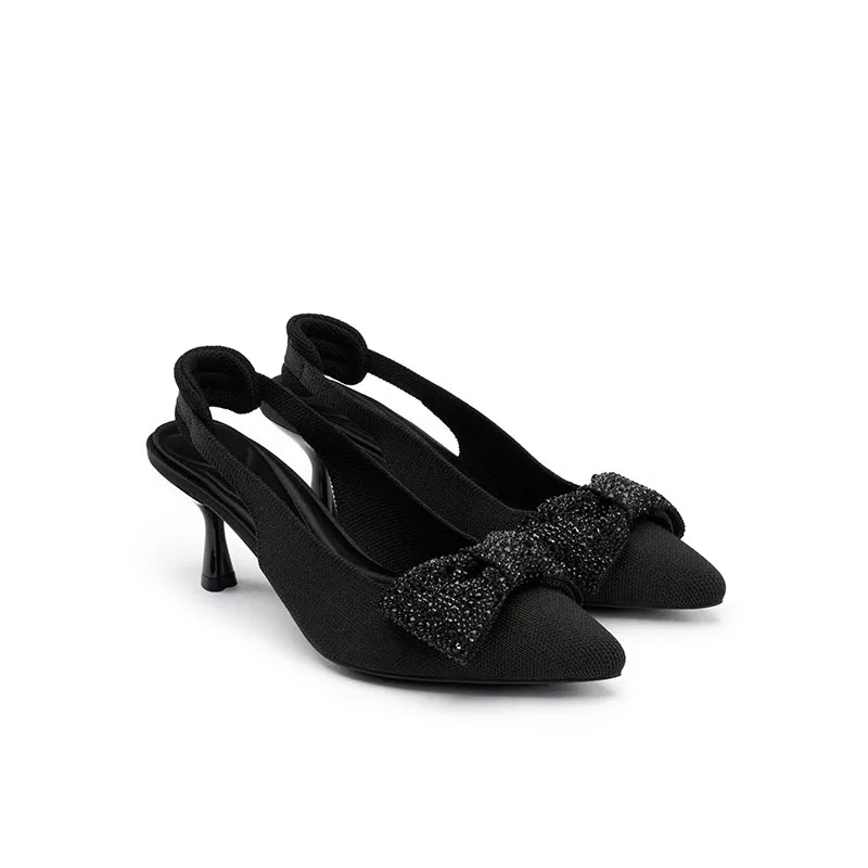 Embellished Bow Pointed Toe Slingback Kitten Heels