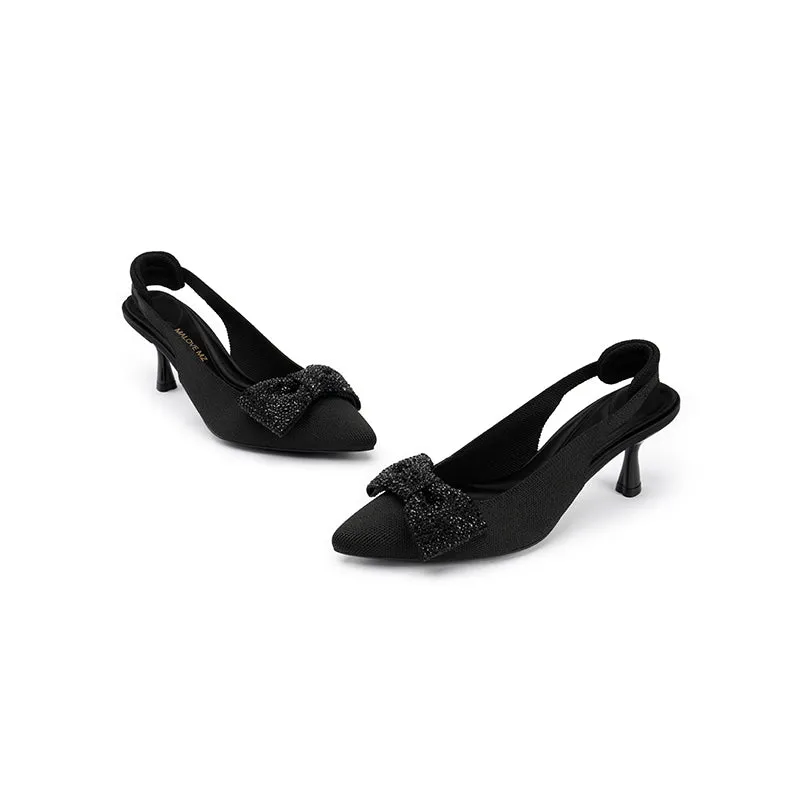 Embellished Bow Pointed Toe Slingback Kitten Heels