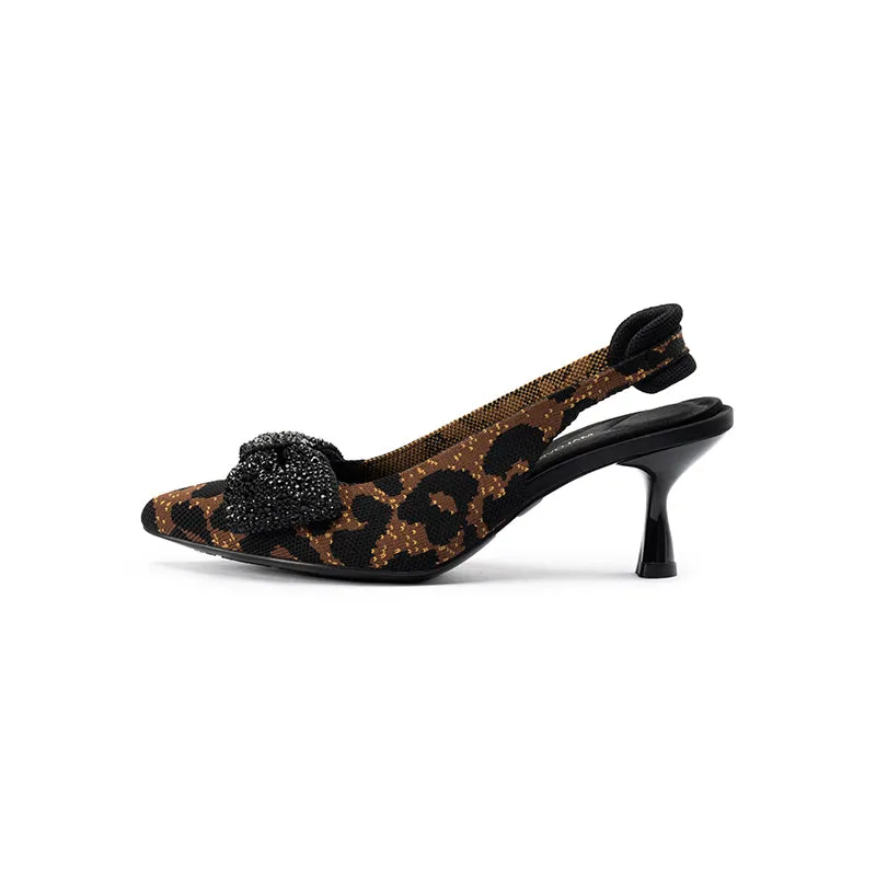 Embellished Bow Pointed Toe Slingback Kitten Heels