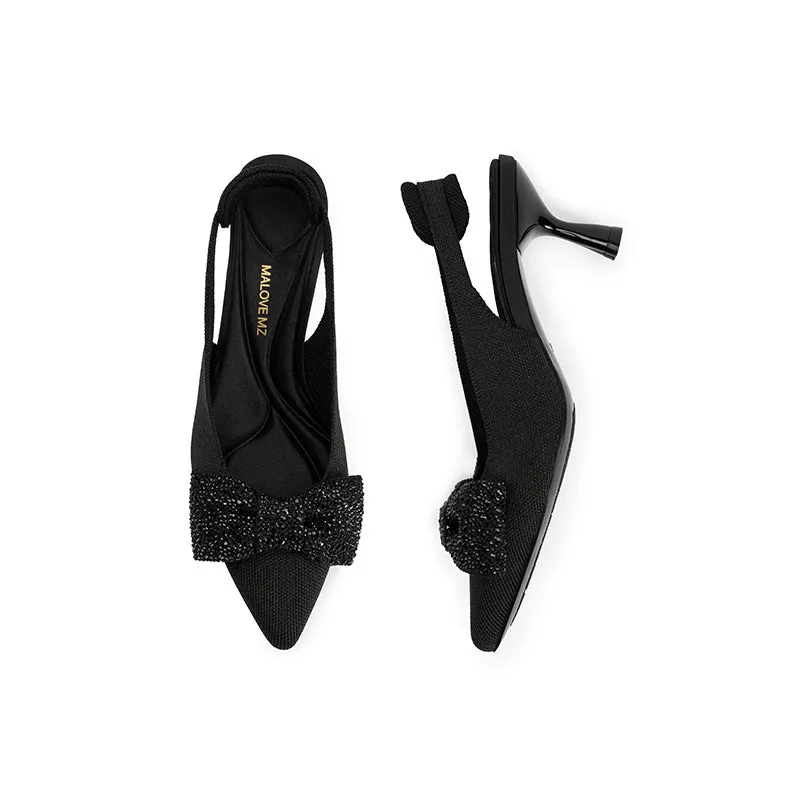 Embellished Bow Pointed Toe Slingback Kitten Heels