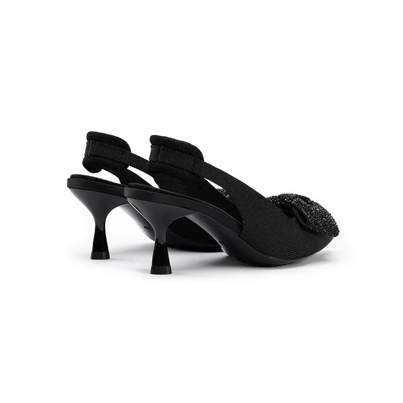 Embellished Bow Pointed Toe Slingback Kitten Heels