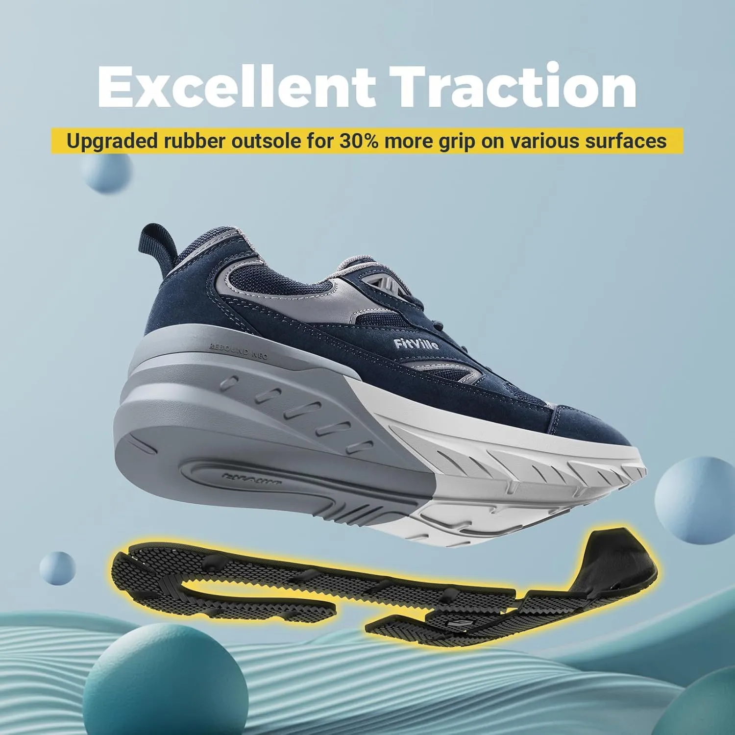 FitVille Wide Walking Shoes for Men Extra Wide Width Sneakers with Arch Support for Flat Feet Heel Pain Relief Plantar Fasciitis - Rebound NEO V1