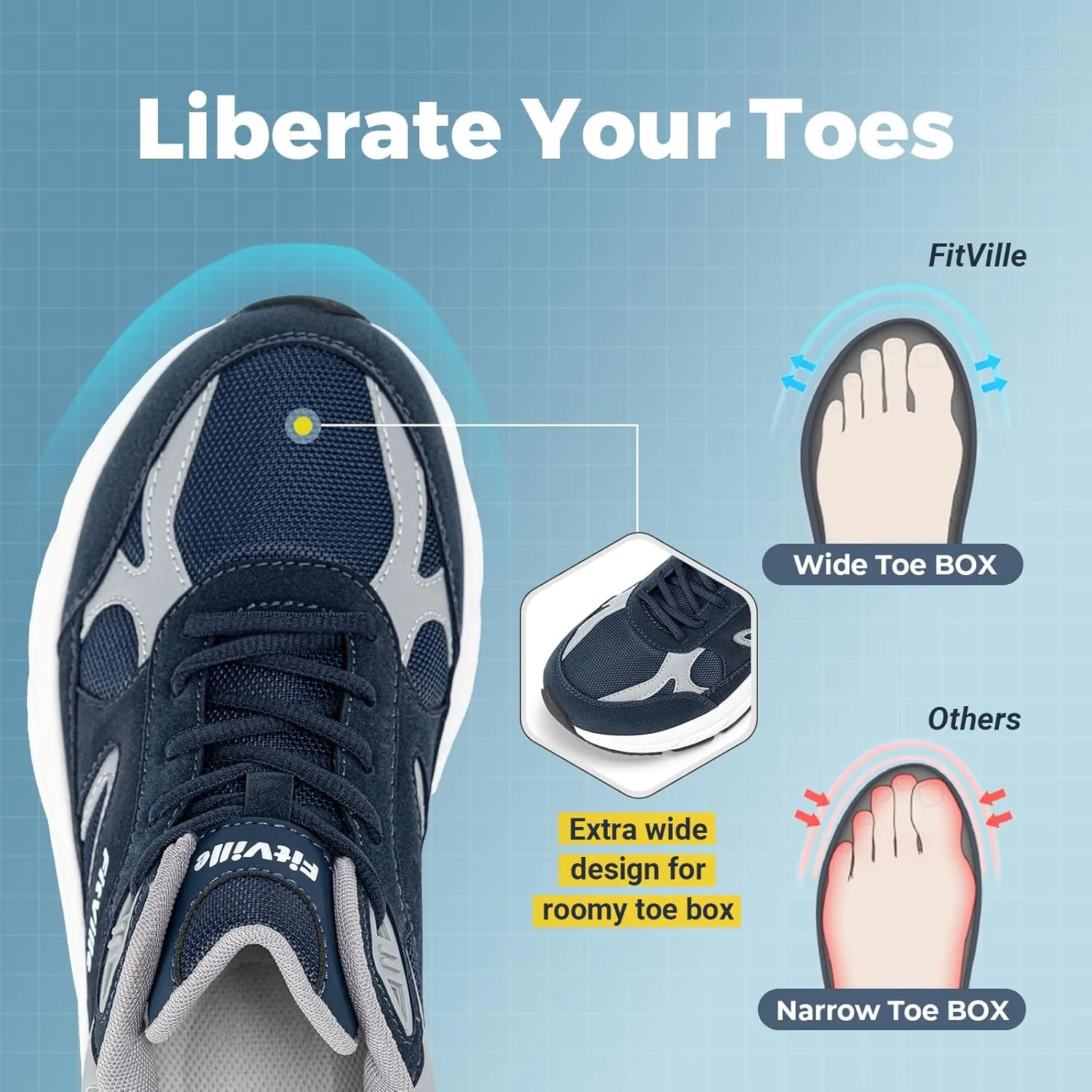 FitVille Wide Walking Shoes for Men Extra Wide Width Sneakers with Arch Support for Flat Feet Heel Pain Relief Plantar Fasciitis - Rebound NEO V1