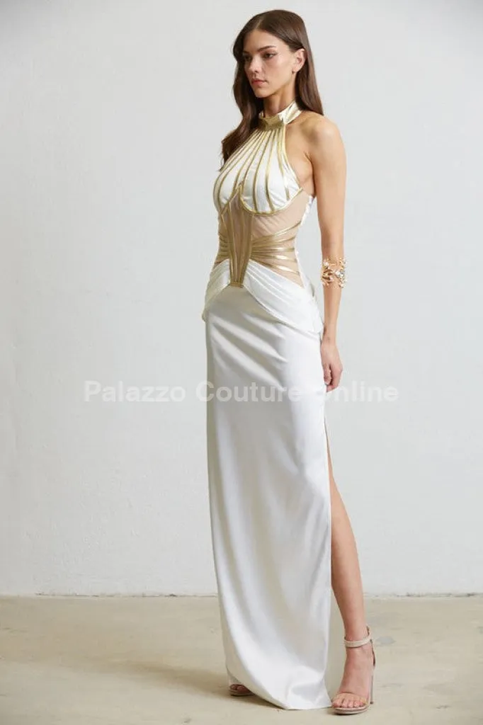 Gilded Elegance Satin Maxi Dress (White)