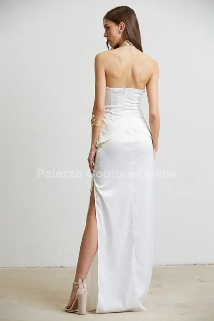 Gilded Elegance Satin Maxi Dress (White)