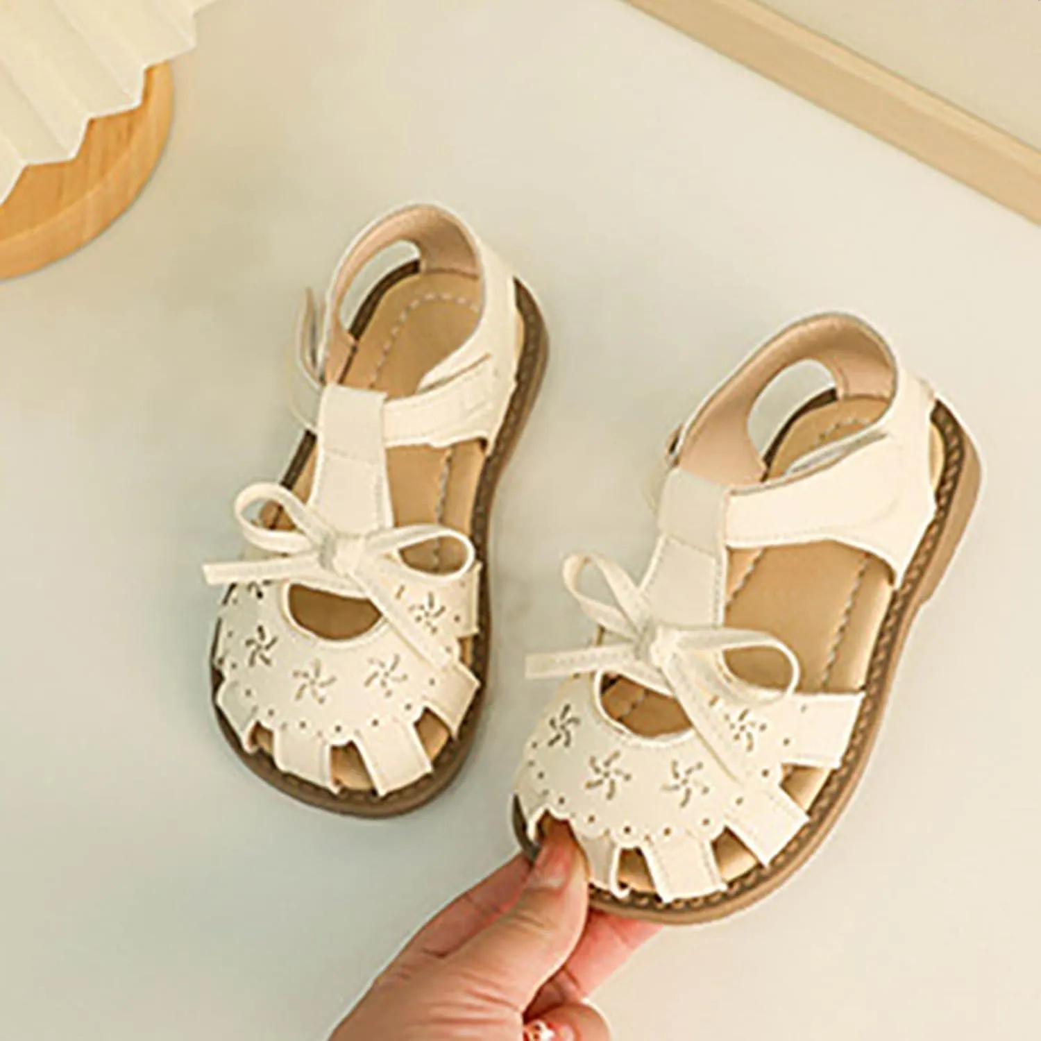 Girls Sandals Girls Summer Casual Soft Bottom Cute Bowknot Shoes Beach Baotou Sandals Buckles With Hook and Loop