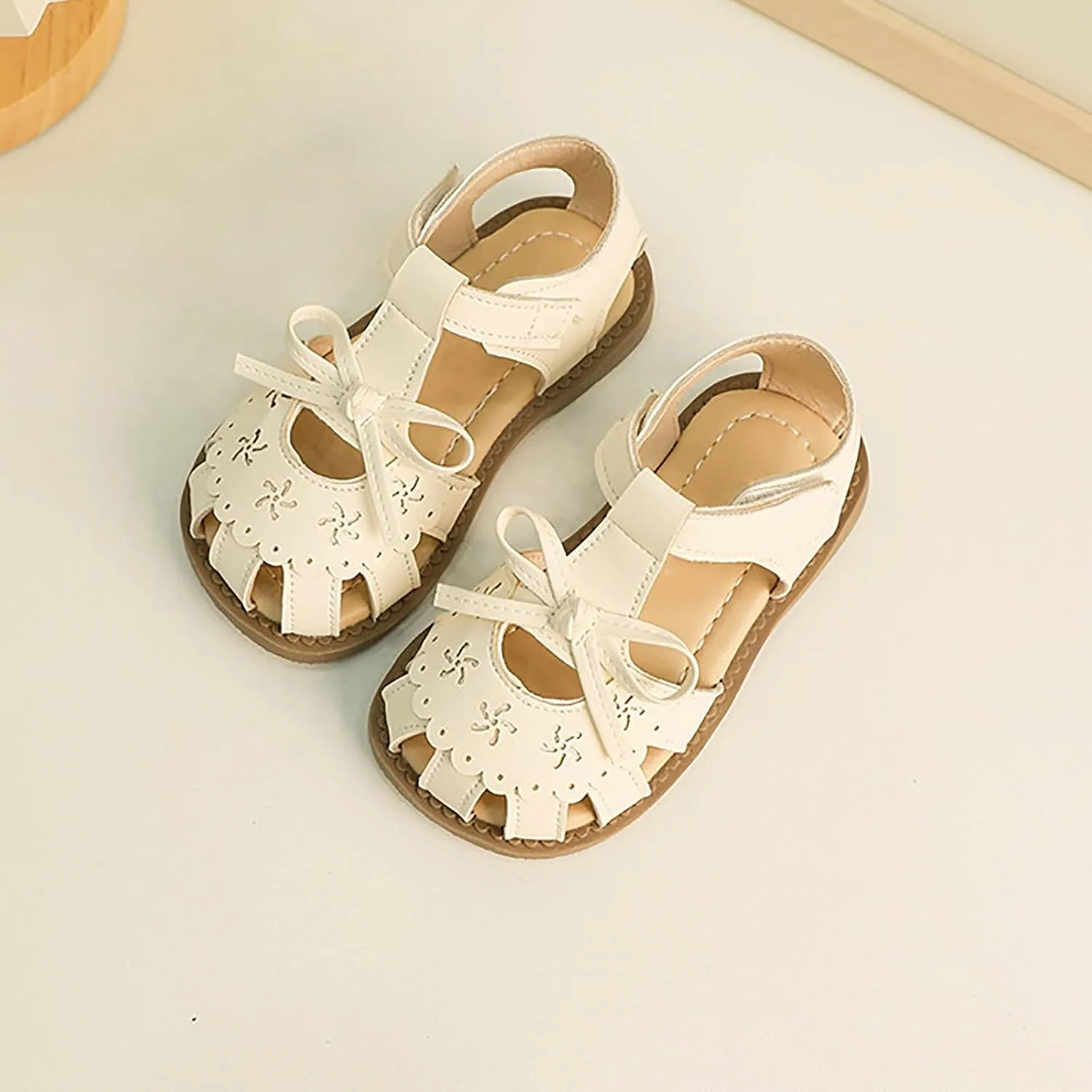 Girls Sandals Girls Summer Casual Soft Bottom Cute Bowknot Shoes Beach Baotou Sandals Buckles With Hook and Loop