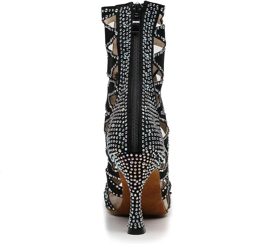 HIPPOSEUS Women's Dance Heels Booties Rhinestones Peep Toe Net Yarn Ballroom Salsa Dance Shoes Ankle Dance Boots