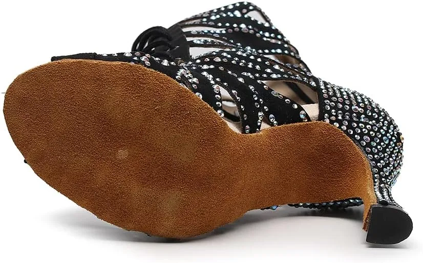 HIPPOSEUS Women's Dance Heels Booties Rhinestones Peep Toe Net Yarn Ballroom Salsa Dance Shoes Ankle Dance Boots