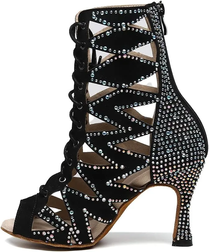 HIPPOSEUS Women's Dance Heels Booties Rhinestones Peep Toe Net Yarn Ballroom Salsa Dance Shoes Ankle Dance Boots