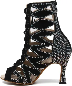 HIPPOSEUS Women's Dance Heels Booties Rhinestones Peep Toe Net Yarn Ballroom Salsa Dance Shoes Ankle Dance Boots