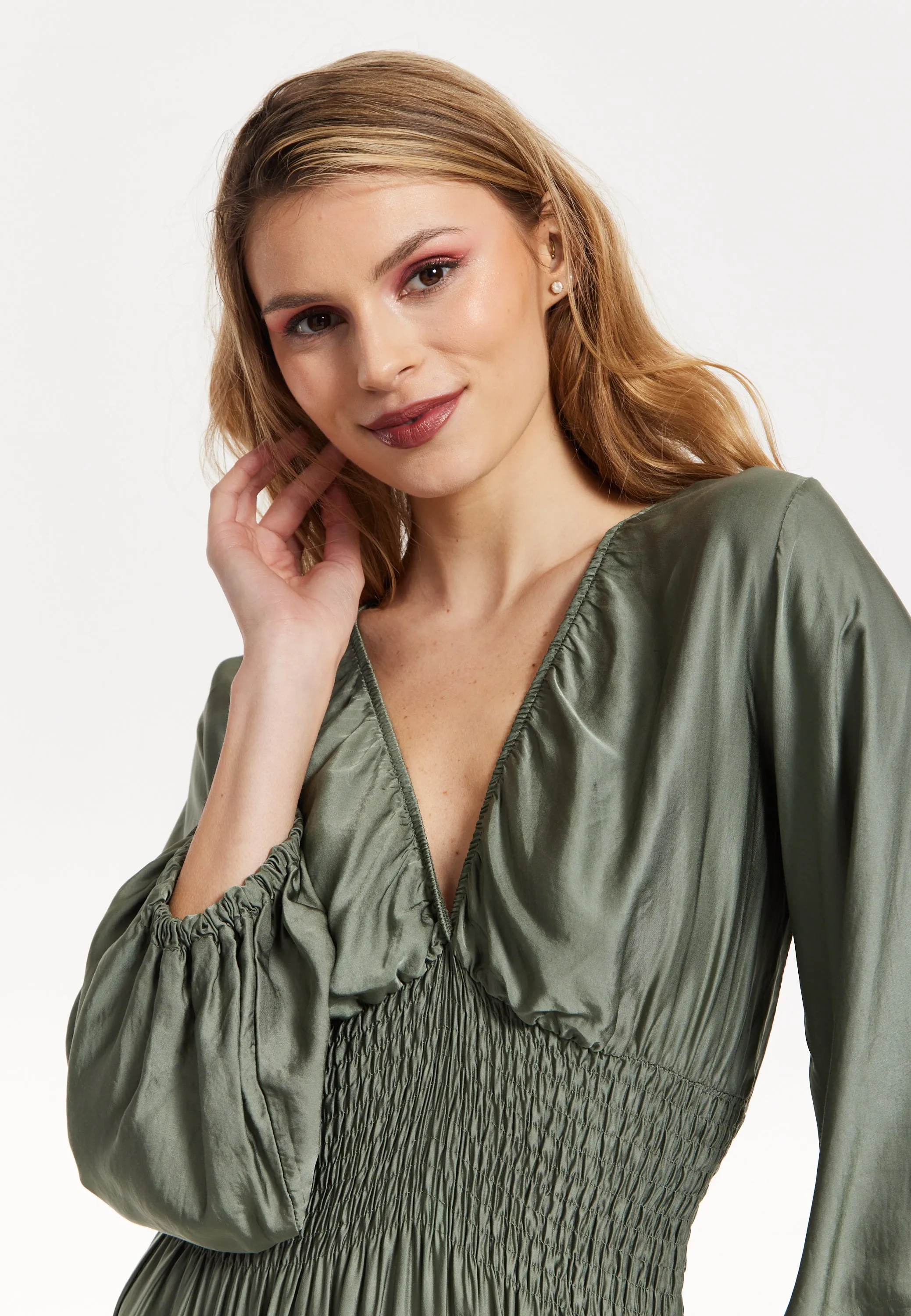 Khaki Shirred Waist Satin Maxi Dress