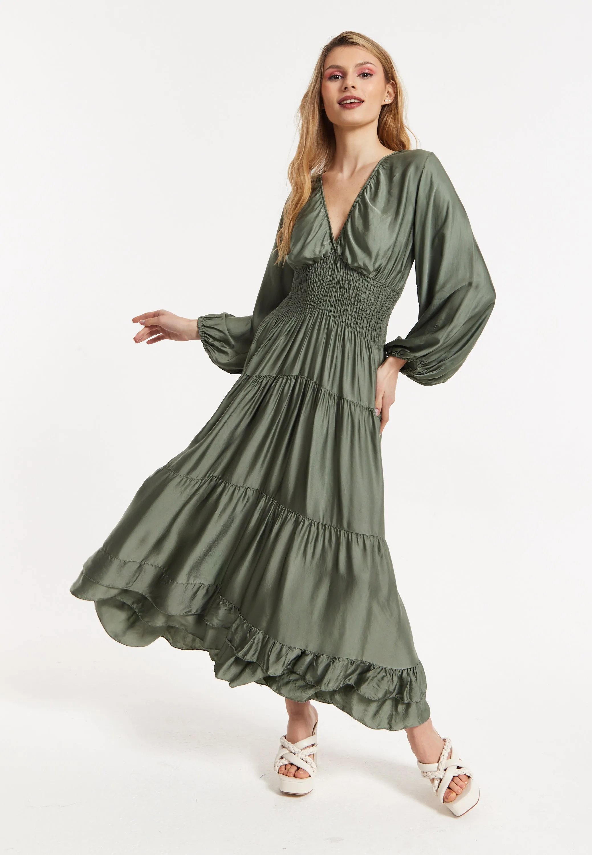 Khaki Shirred Waist Satin Maxi Dress