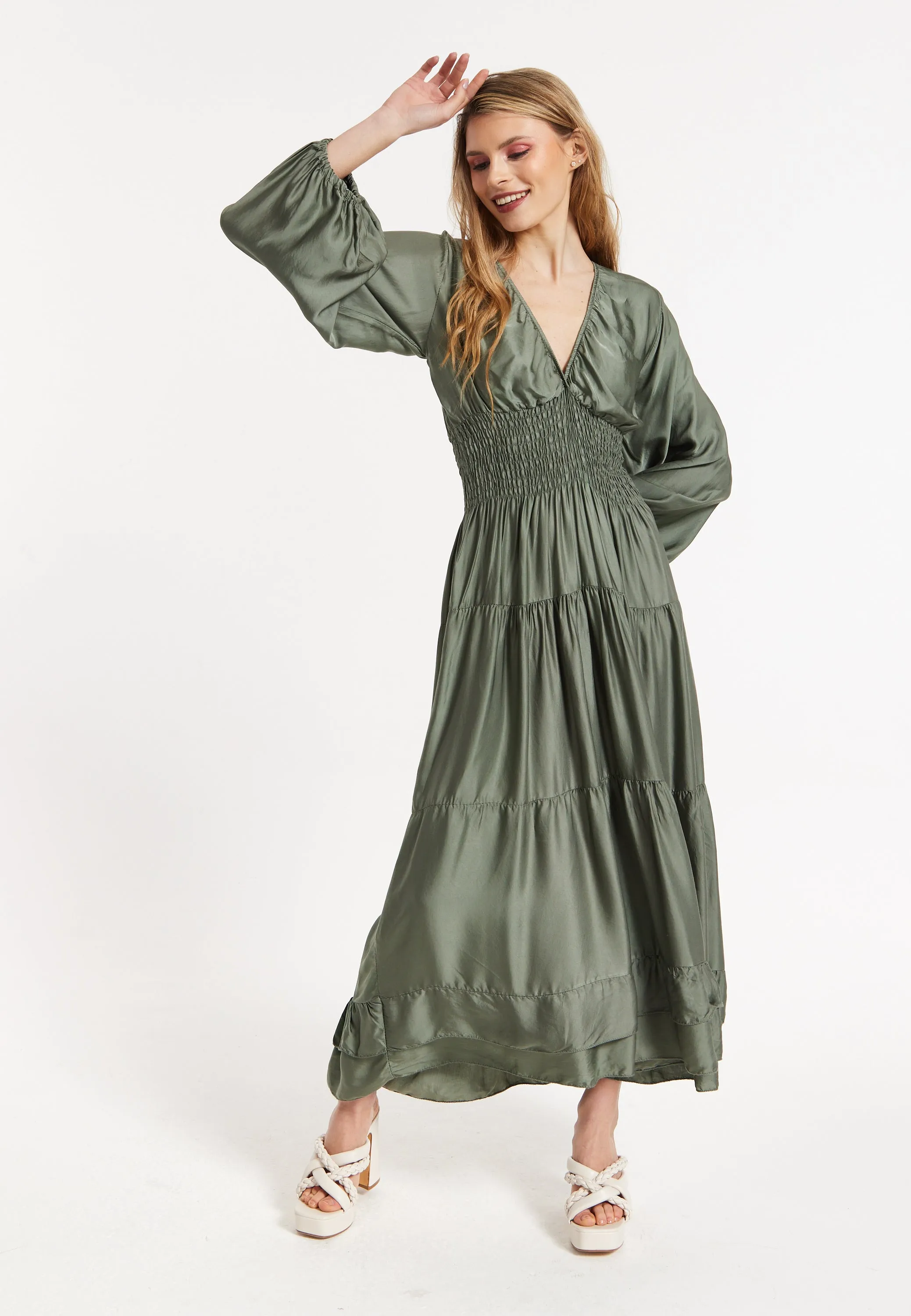 Khaki Shirred Waist Satin Maxi Dress