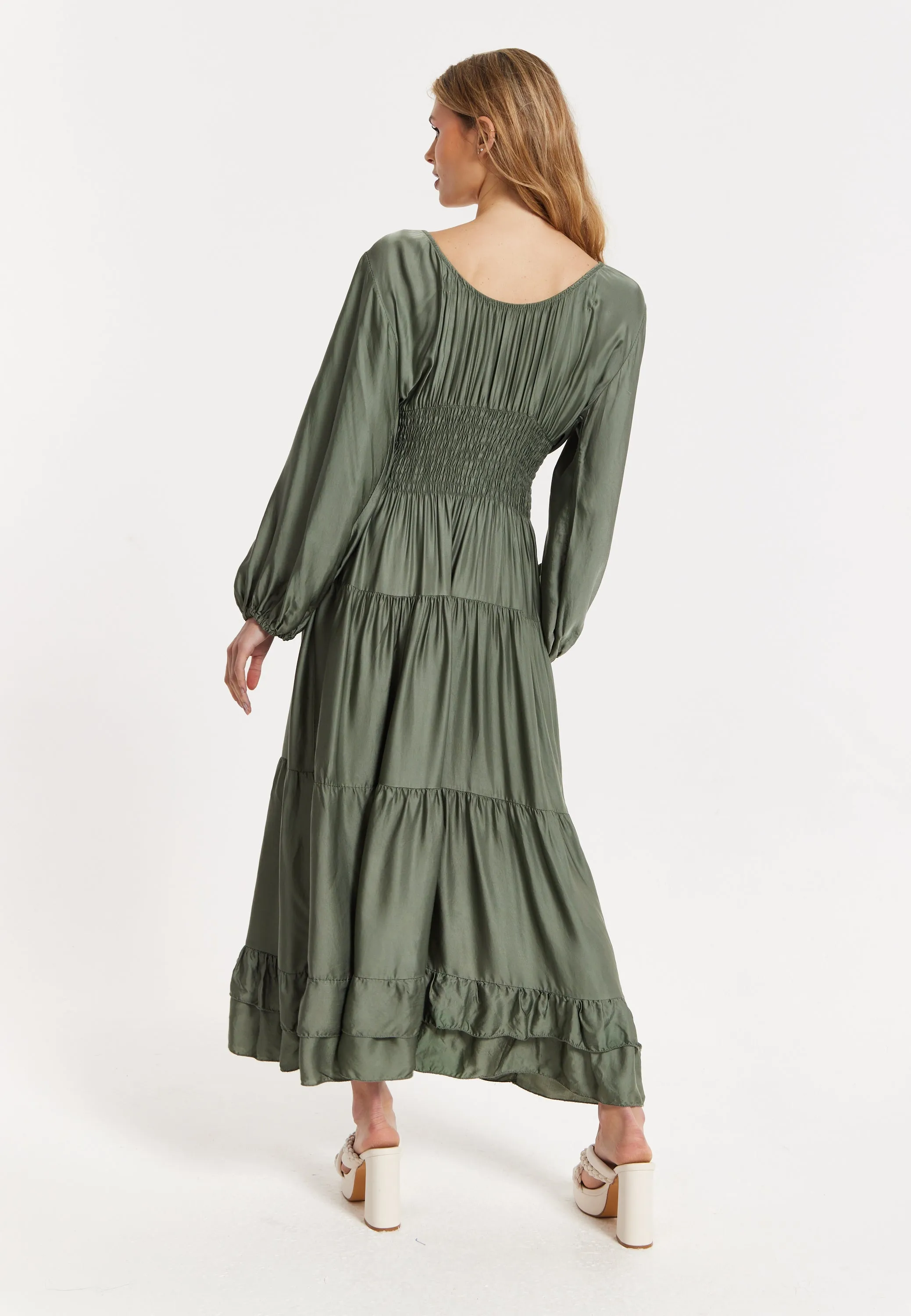 Khaki Shirred Waist Satin Maxi Dress