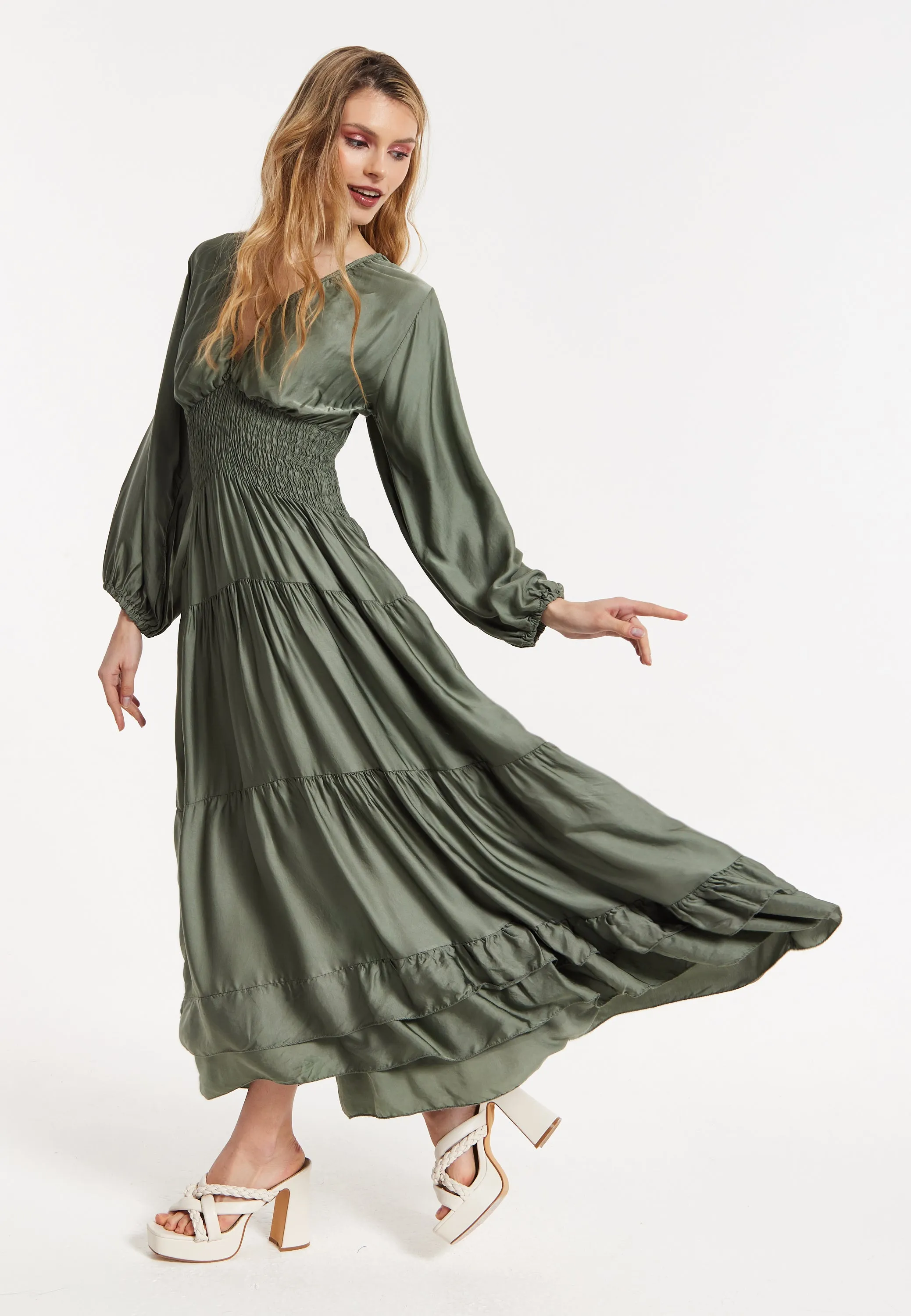 Khaki Shirred Waist Satin Maxi Dress