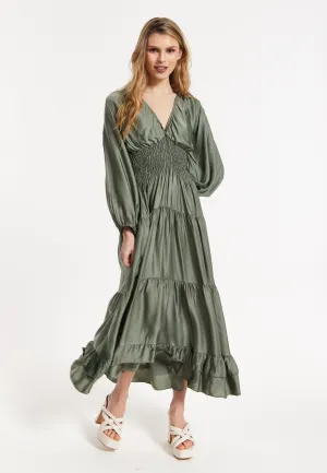 Khaki Shirred Waist Satin Maxi Dress