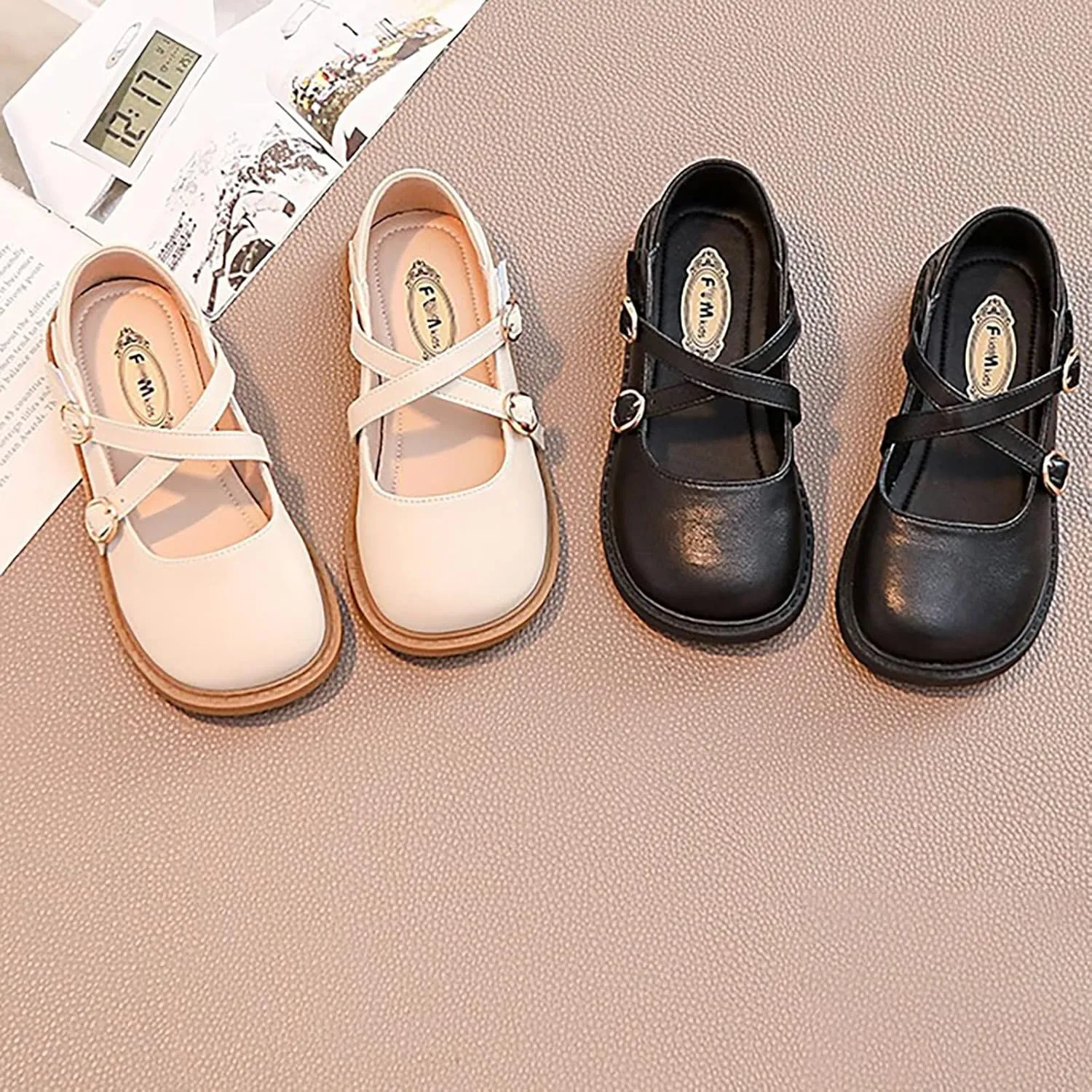 Little Girl's Adorable Princess Party Dress Shoes Double Buckle Strap Wedding Low Heel Sandals for Lass