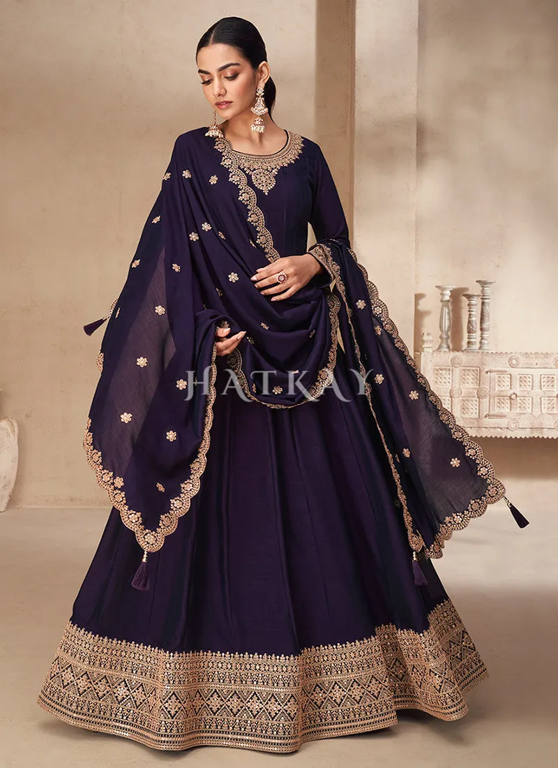 Purple Golden Embroidery Anarkali Suit