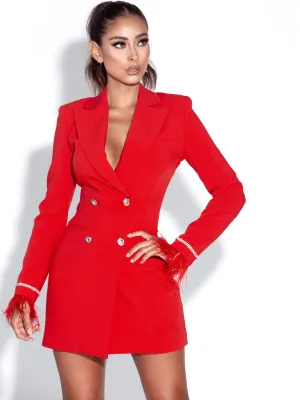 Quilla Red Feather Crystal Graceful Sleeve Backless Blazer Dress