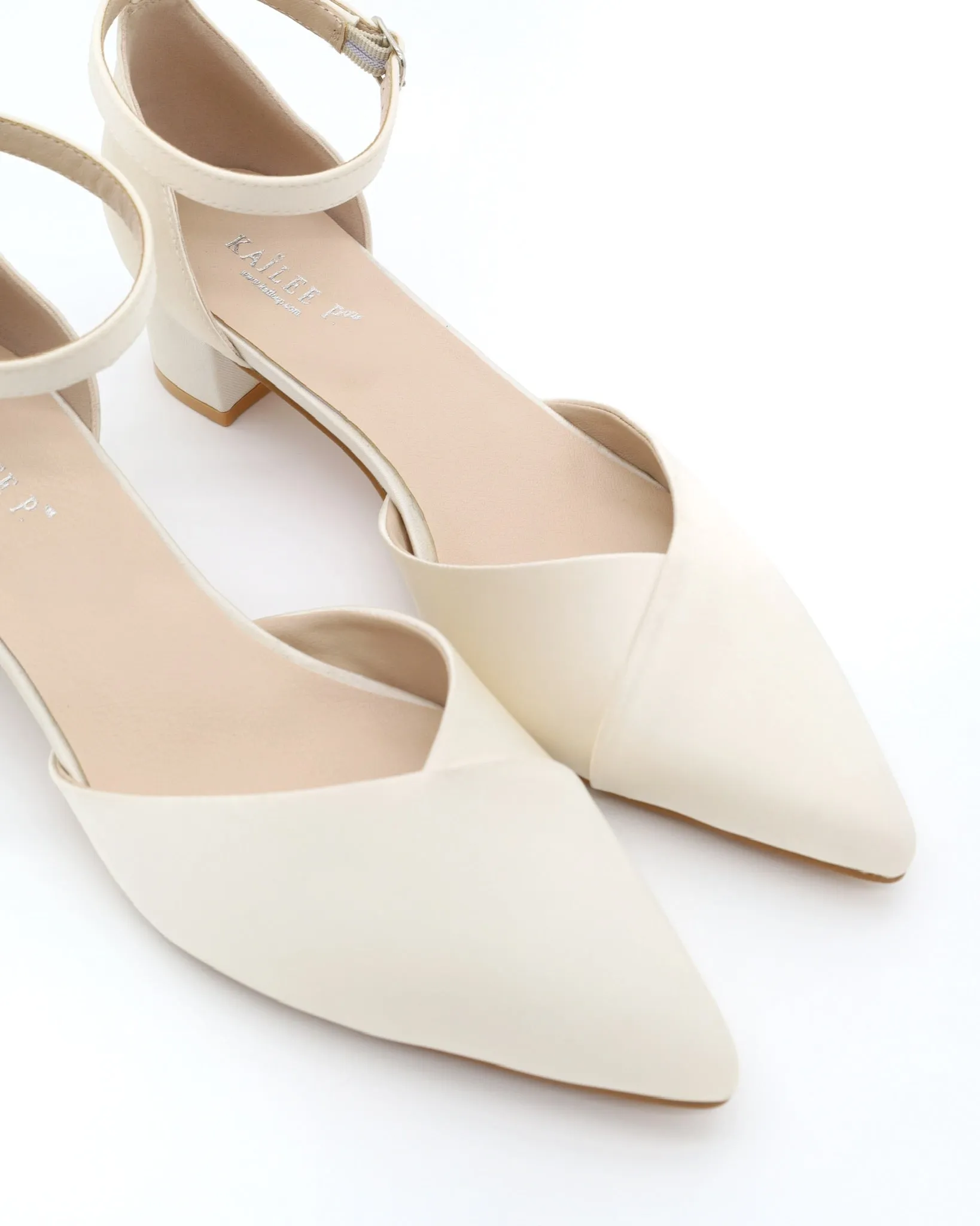 Satin Pointy Toe Low Block Heels Wedding Shoes